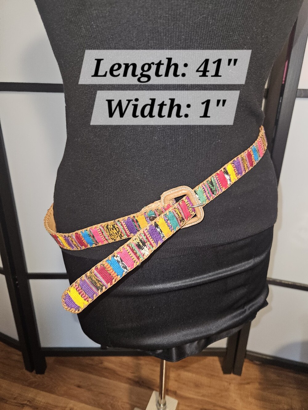 Multicolor Woven Fabric Waist Belt with Tan Buckle 41 Inches
